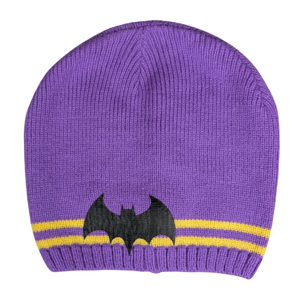 DC Comics Batman Purple Knit Beanie Hat Black Bat Logo Yellow Stripes Kids